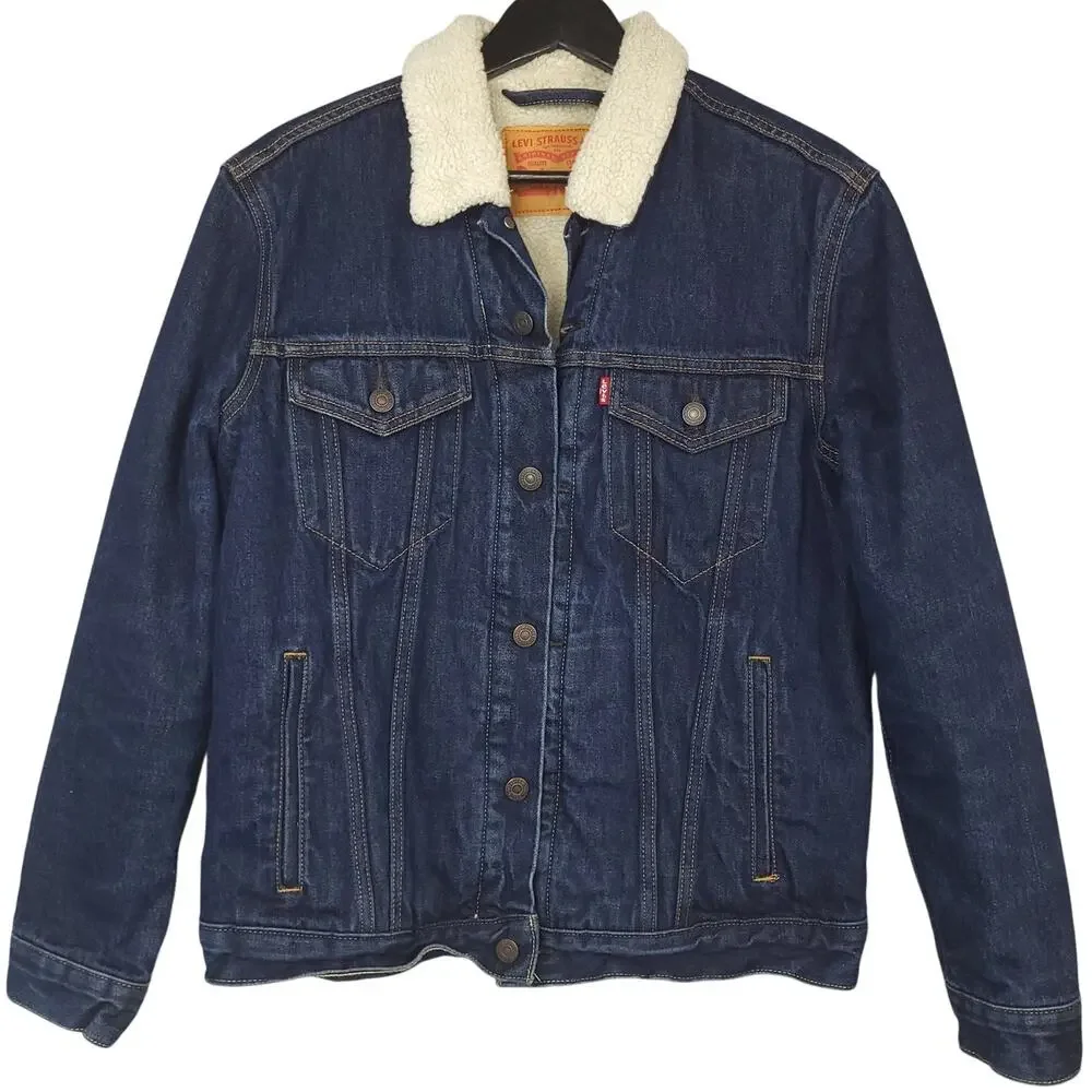 Vintage Levi's Men's Sherpa Lined Denim Trucker Jacket M Dark Wash Blue EUC - Picture 2 of 11